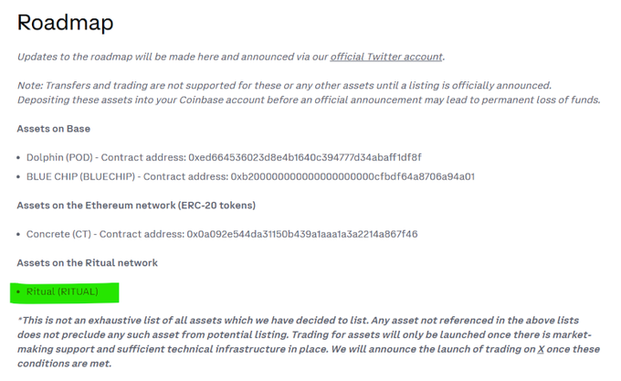 A 'Roadmap' announcement page lists upcoming asset listings including Dolphin (POD), BLUE CHIP, Concrete (CT), and Ritual (RITUAL), warning that transfers and trading are not supported until official listing announcements.