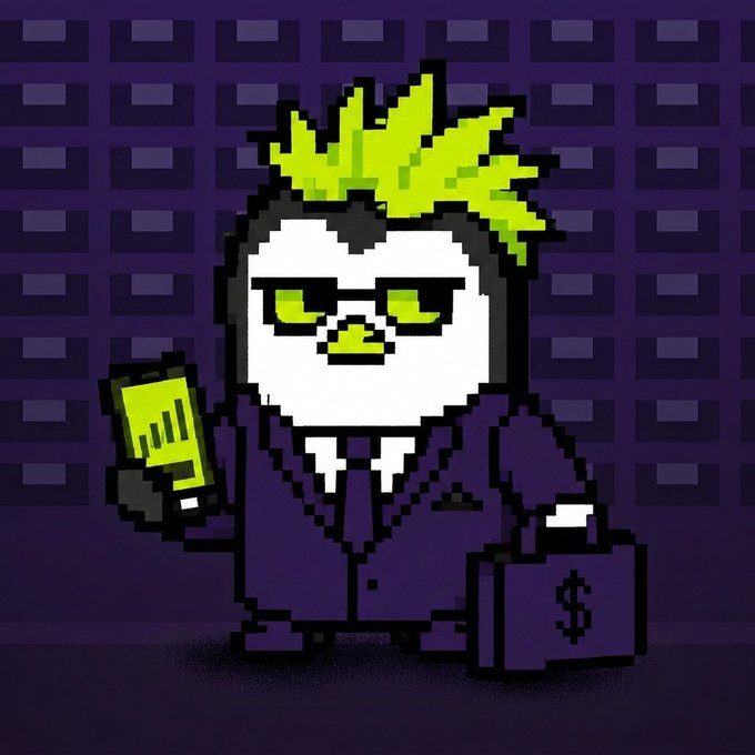 A pixel-art character with a yellow spiky hairstyle and green eyes, dressed in a purple suit, holds up a smartphone displaying a bar chart and carries a briefcase marked with a "$" symbol, visually representing a crypto broker or promoter for the "inkerBrokerPenguin" NFT giveaway on Ink Chain.