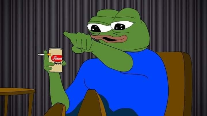 A green Pepe the Frog meme in a blue shirt sits holding a can labeled "Basic Beer" while pointing forward, fitting the post's humorous tone about a memecoin ("$SLINK") drama involving Slink, Neuralink, Elon Musk, and fake hack announcements.
