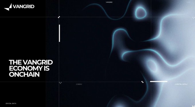 A dark-themed digital interface for "VANGRID" features the text "THE VANGRID ECONOMY IS ONCHAIN" alongside glowing, fluid-like blue and white abstract shapes.
