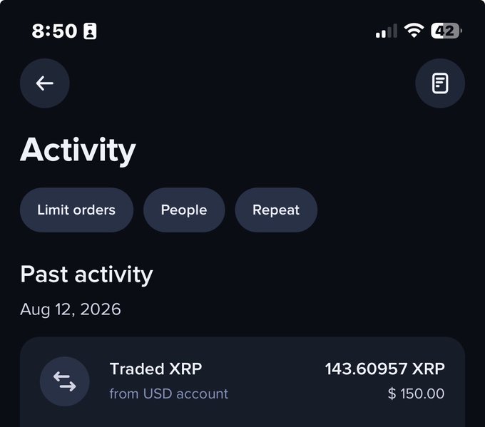 An "Activity" page on a mobile app showing a past transaction for "Traded XRP" valued at 143.60957 XRP / $150.00 from a USD account, dated Aug 12, 2026.