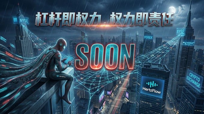 A promotional graphic featuring a Spider-Man character sitting on a rooftop overlooking a futuristic financial cityscape, with text in Chinese '杠杆即权力，权力即责任' (Leverage is power, power is responsibility) and the word 'SOON' for HertzFlow.