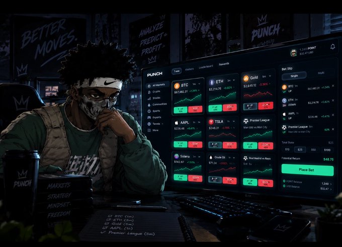 A masked trader studies the "PUNCH" trading dashboard displaying live tickers including BTC ($67,682.21), ETH ($3,714.76), and Gold ($2,645.12) alongside a betting slip showing potential returns of $48.75 on a $25 wager. The scene illustrates the post's message about transforming idle market predictions into actionable BTC trades on the platform.