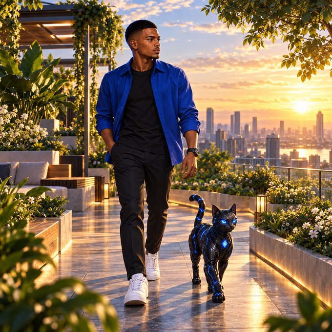 A man in a blue shirt, black t-shirt, and dark pants walks on a rooftop terrace with a futuristic black robotic cat with blue glowing accents, set against a city skyline at sunset.
