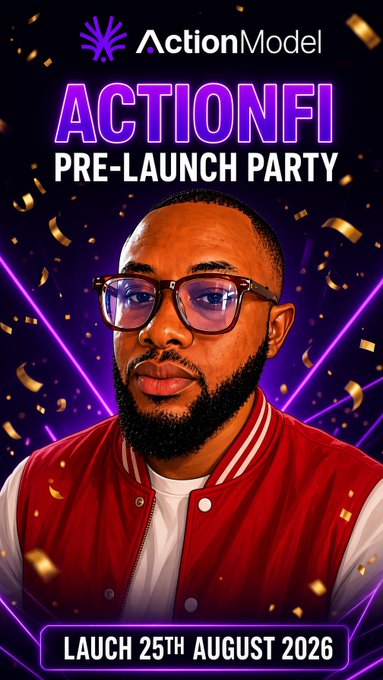 The image is a promotional poster for the "ACTIONFI PRE-LAUNCH PARTY" by ActionModel, featuring a man with glasses and a beard wearing a red varsity jacket against a vibrant purple background with golden confetti. Bold text announces "LAUNCH 25TH AUGUST 2026," creating excitement for the upcoming launch of ActionFi and aligning with the post's enthusiastic announcement about the platform going live and its innovative contribution-based AI rewards system.