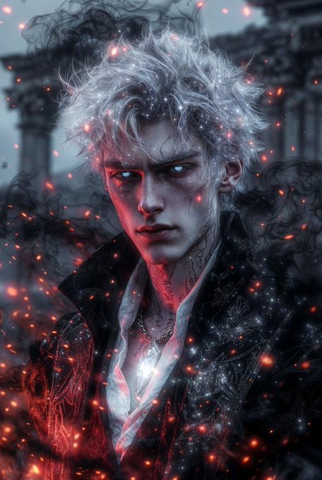 A fantasy digital art portrait of a young man with white hair and glowing blue eyes, surrounded by embers and dark smoke.