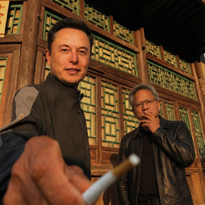 Elon Musk and Jensen Huang pose for a photo in front of a traditional building. Huang is seen smoking a cigarette in the photo.