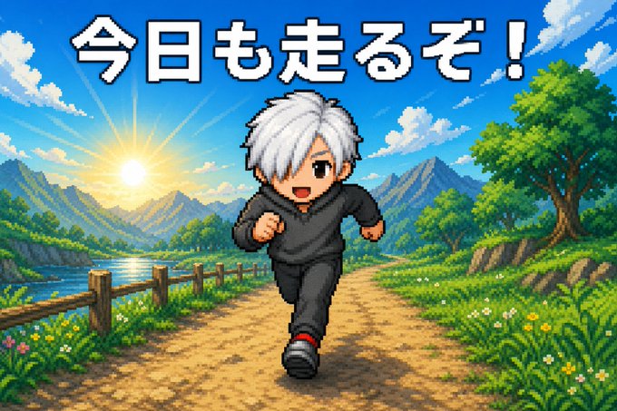 A pixel art image of a white-haired anime-style character running on a path, with the Japanese text "今日も走るぞ！" (I'm going to run today too!) at the top.