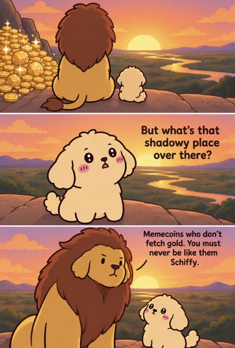 A three-panel meme featuring a lion and a small dog at sunset; the lion warns 'Memecoins who don't fetch gold. You must never be like them Schiffy.' after the dog asks 'But what's that shadowy place over there?'