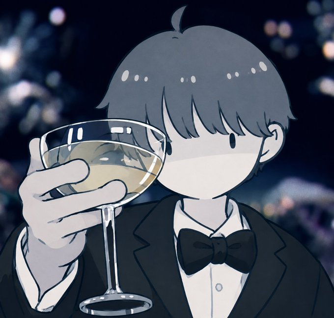 An anime-style illustration of a gray-haired boy in a tuxedo with a black bow tie, holding up a wine glass while staring directly at the viewer with a serious expression against a blurred city background.