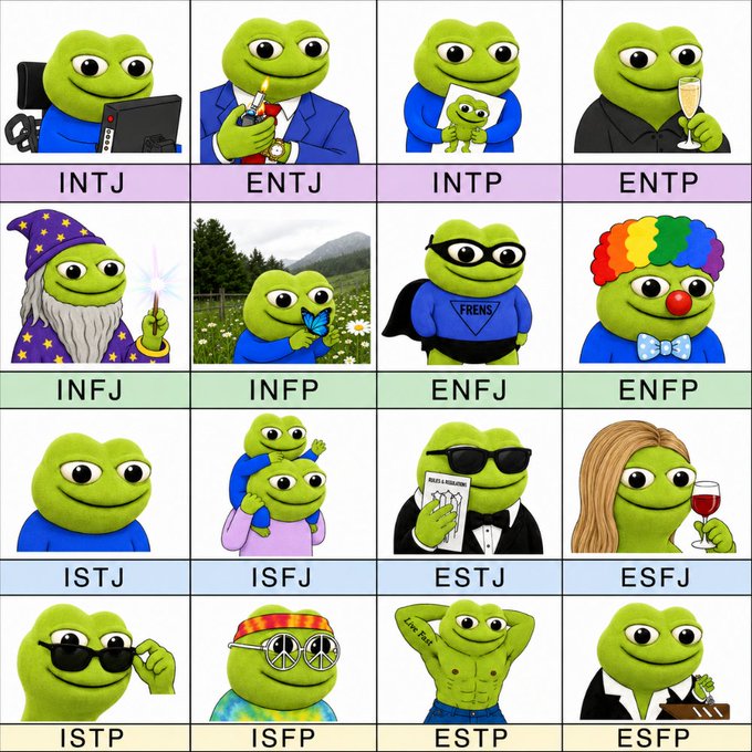 A 4x4 grid featuring Kermit the Frog photoshopped into various outfits and settings, each labeled with an MBTI personality type (INTJ, ENTJ, INTP, ENTP, INFJ, INFP, ENFJ, ENFP, ISTJ, ISFJ, ESTJ, ESFJ, ISTP, ISFP, ESTP, ESFP).
