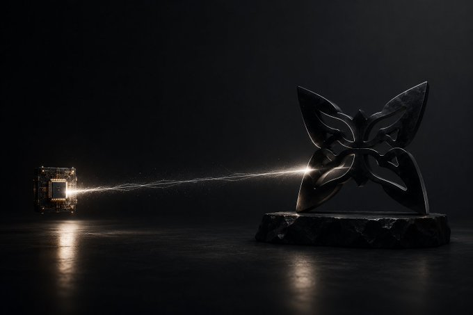 The image features a black butterfly sculpture with wings spread out, positioned on top of a rock or pedestal. The butterfly appears to be glowing from above as if it's emitting light rays. The background is dark, which emphasizes the sculpture and its radiant glow. The caption below the image reads "ngl @quipnetwork changes how you think about quantum risk it ties advances in compute directly to security assumptions and while others delay the problem, quip is already securing wallets on existing networks without disrupting them".