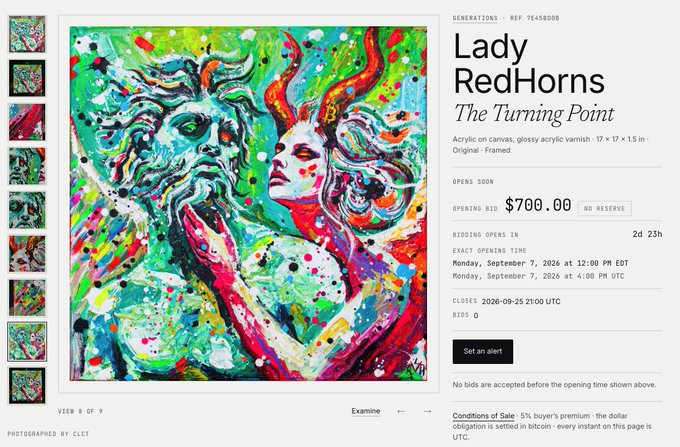 An online auction listing for an artwork titled 'Lady RedHorns - The Turning Point' by artist CLCT, priced at $700.00, with bidding opening on Monday, September 7, 2026.