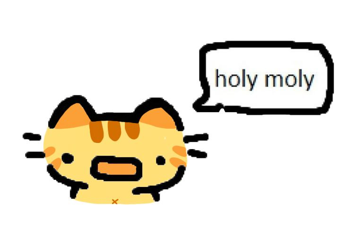 A pixel art sticker of an orange cat with a shocked expression, featuring a speech bubble that says 'holy moly'.