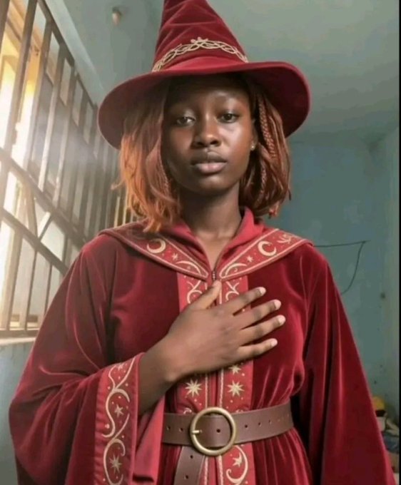 Portrait of a young person wearing a red wizard-style hat and robe with gold moon and star embroidery, posing with their hand over their heart.