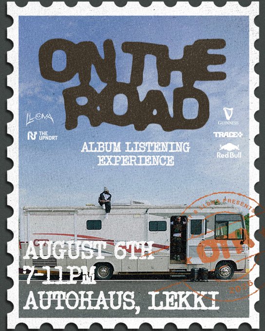 A vintage stamp-style poster for an 'On The Road' Album Listening Experience at AutoHaus Lekki on August 6th, 7-11pm, featuring sponsors like Guinness, Trace, and Red Bull.