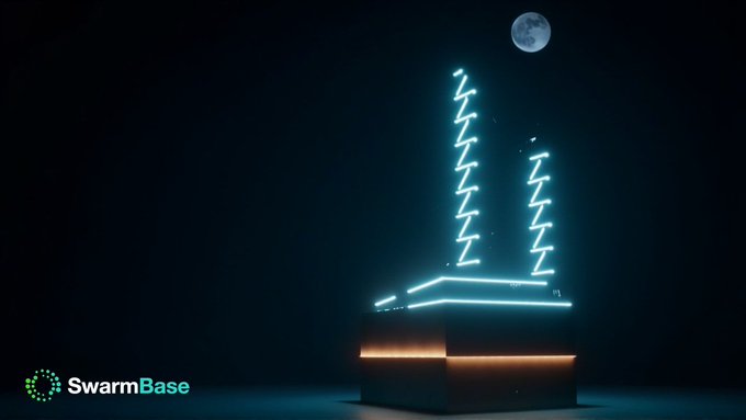 A 3D rendering of a small building or structure made of glowing blue neon lights against a dark night sky with a full moon, branded with the "SwarmBase" logo in the corner.