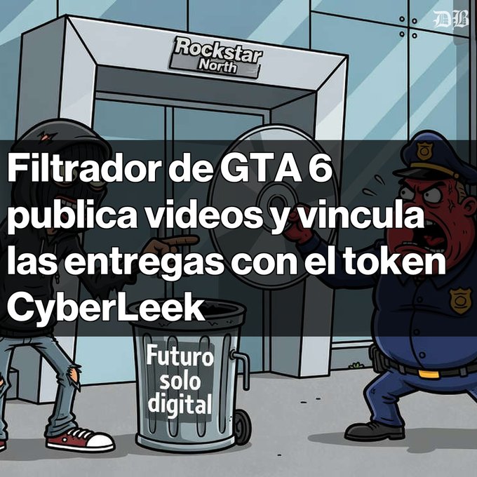 A cartoon illustration showing two characters at the entrance of a building labeled 'Rockstar North', one dumping a computer hard drive into a trash can labeled 'Futuro solo digital', with Spanish text overlay about a GTA 6 leaker and the CyberLeek token.