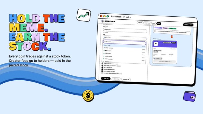 A promotional graphic reads 'HOLD THE MEME. EARN THE STOCK.' explaining that every coin trades against a stock token with creator fees paid to holders in the paired stock.