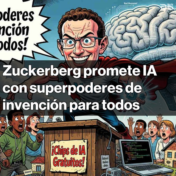A cartoon-style illustration depicts a character resembling Mark Zuckerberg standing at a podium with a sign reading "¡Chips de IA Gratuitos!" and Spanish text overlay stating "Zuckerberg promete IA con superpoderes de invención para todos" (Zuckerberg promises AI with invention superpowers for all).