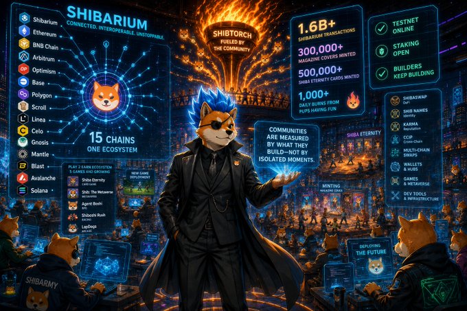 A detailed infographic for SHIBARIUM featuring a Shiba Inu character in a suit, listing 15 interconnected chains, transaction statistics including 1.6B+ Shibarium transactions, and community features.