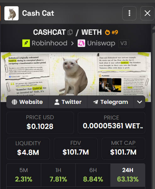 Screenshot of a crypto tracker showing 'Cash Cat' (CASHCAT) token priced at $0.1028 with a 63.13% gain over 24H and links to Robinhood and Uniswap.