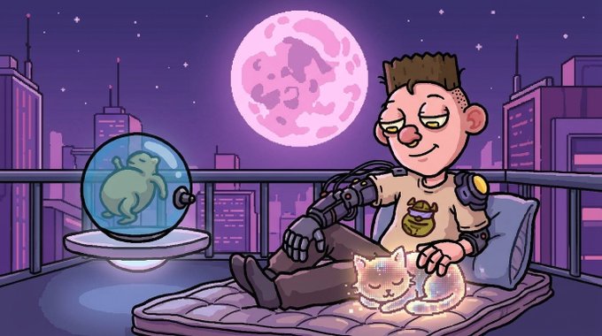 A digital illustration of a person with cybernetic features and an amber necklace sitting on a balcony at night with a cat and a frog in a terrarium, against a backdrop of a city and large moon.