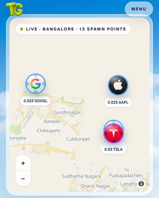 The image shows a map-based game interface from "TG" set in Bangalore with 13 spawn points, featuring stock token icons for Google (GOOGL), Apple (AAPL), and Tesla (TSLA). The interface relates to the post's mention of upcoming games on Robinhood Chain, including Spritehoodio and FortuneFoes, by displaying a similar gamified location-based interface where players can collect digital stock tokens.