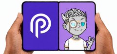 Hands hold a smartphone displaying the purple Pinterest logo on one half and a cartoon character with pink hair on the other half.