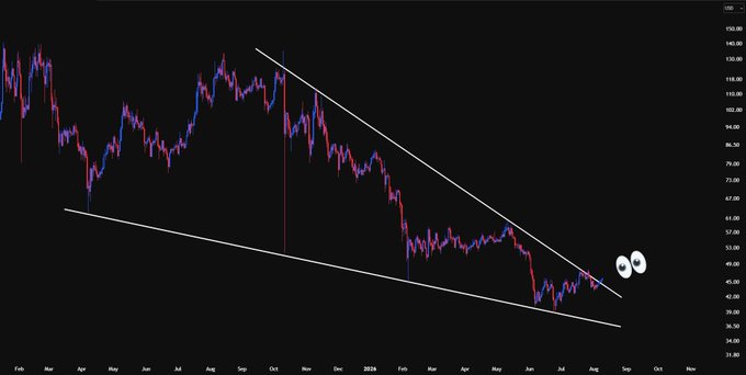 A descending wedge pattern is forming on the Litecoin (LTC/USD) chart, with price action tightening between converging upper and lower trendlines near the $50-$55 range, suggesting a potential breakout as the post highlights an upcoming significant week for the cryptocurrency.
