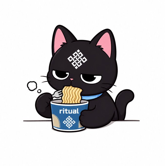 Cartoon illustration of a black cat eating noodles from a blue cup labeled 'ritual' with a decorative symbol on its forehead.
