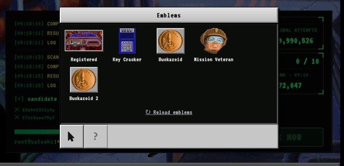 The image shows a terminal-style interface titled "Emblems" displaying five earned badges: "Registered," "Key Cracker" (with a label reading "aSUS"), "Buckazoid," "Mission Veteran," and "Buckazoid 2," alongside a "Reload_emblems" prompt and a "$9,990,526" total goal attempts tracker. This visually represents the Proof-of-Viral emblem reward mentioned in the post, where the user earned a Week 2 emblem (likely "Mission Veteran") for contributing to the @1096361BTC community competition involving BTC wallet key attempts.