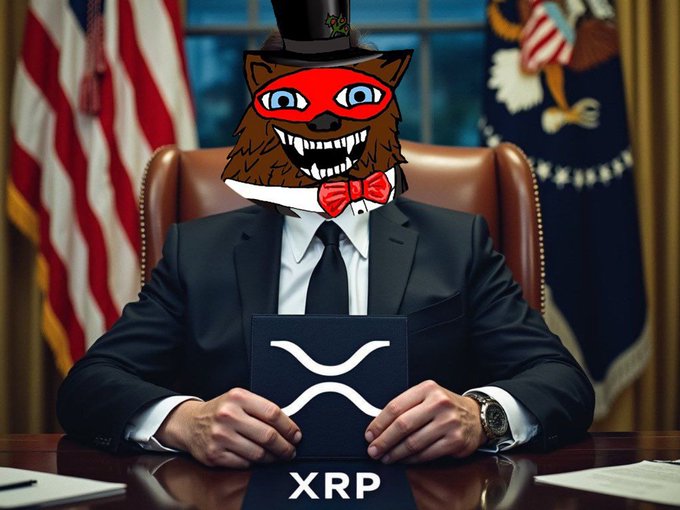 A digitally edited meme image of a man in a suit sitting at a presidential desk holding an XRP logo folder, with his face replaced by a grinning cartoon bear wearing a red mask, top hat, and bow tie.