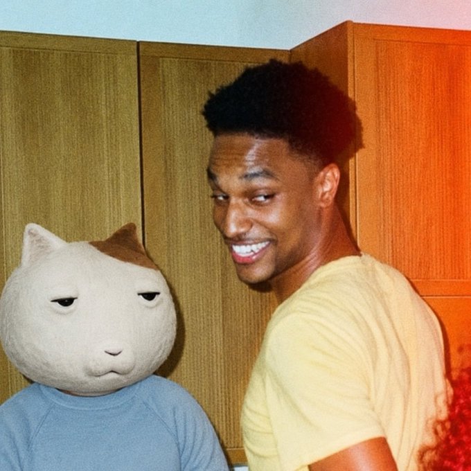 A smiling young man in a yellow shirt stands next to someone wearing a cat mask and blue sweater in front of wooden cabinets. The image appears to be a meme illustration referenced in the post about crypto influencer discussions regarding $Ansem token promotion versus broader Solana ecosystem growth.