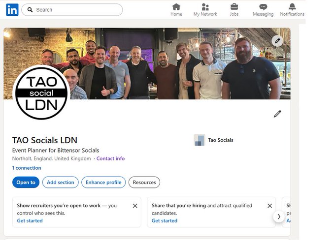A LinkedIn profile page for 'TAO Socials LDN', an Event Planner for Bittensor Socials based in Northolt, England, UK, featuring a group photo of men in a bar setting with the 'TAO social LDN' logo overlay.