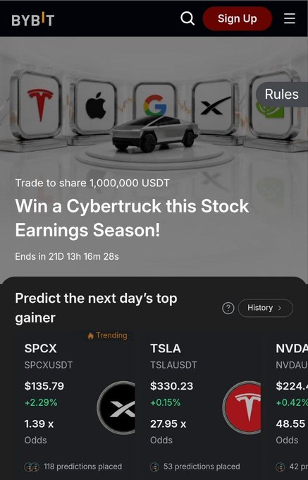 Bybit app screenshot showing a Cybertruck giveaway promotion requiring trading to share 1,000,000 USDT, with a prediction market for next day's top gainer featuring SPCX, TSLA, and NVDA.