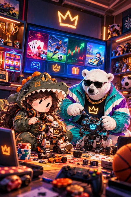 Vibrant 3D-rendered scene showing two cartoon-style characters wearing crowns—one in a dinosaur hoodie and one as a bear in sunglasses—playing with toy robots amid game machines, trophies, and sports balls.
