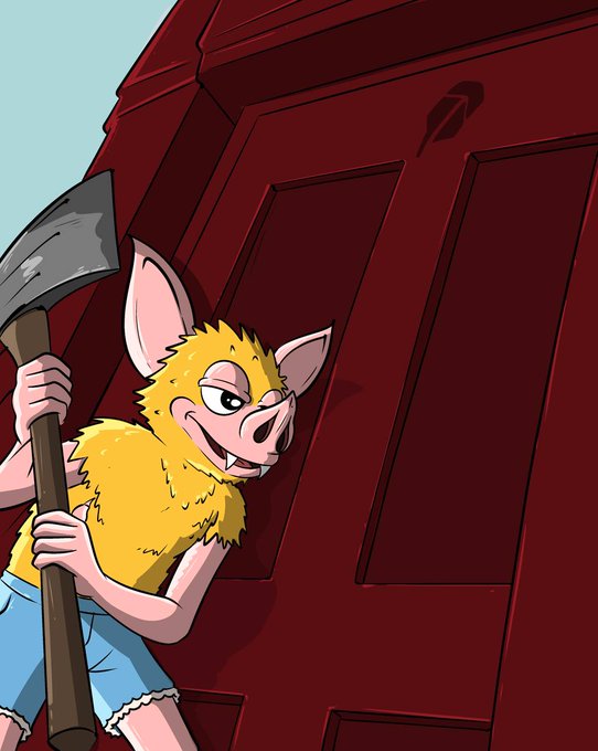 A cartoon yellow wolf-like character holding an axe stands before a large red door. “The hood calls” suggests a mysterious summons from whoever is waiting behind the door.