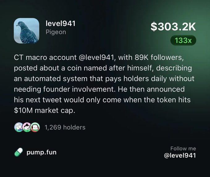 The image shows a screenshot of a "Pigeon" token associated with the user "level941" on pump.fun, displaying a market cap of $303.2K (133x) with 1,269 holders, and describes how the macro account promoted an automated payout system before going silent until the token hits $10M. The accompanying post links to pump.fun, indicating the image is promoting or referencing this speculative meme token project.