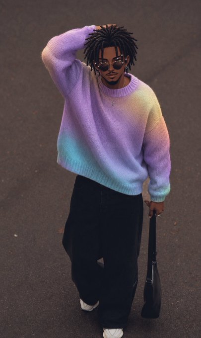 A young man with dreadlocks and sunglasses poses on a street wearing a purple, pink, and blue gradient sweater with black wide-leg pants and carrying a black bag.