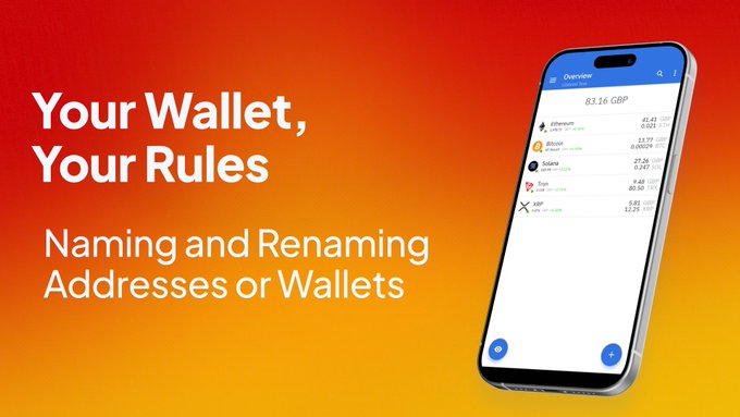 An advertisement showing a crypto wallet app on a smartphone with text 'Your Wallet, Your Rules' and 'Naming and Renaming Addresses or Wallets'.