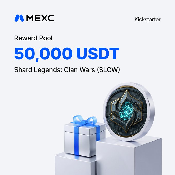 A promotional graphic for MEXC's Kickstarter event featuring Shard Legends: Clan Wars ($SLCW) with a 50,000 USDT reward pool, displaying a decorative silver and teal coin alongside a wrapped gift box, with trading scheduled for August 25, 2026 at 08:00 UTC.