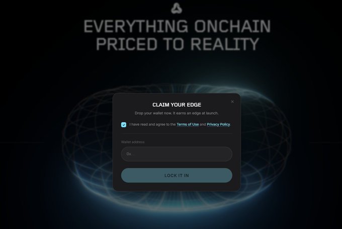 A dark-themed promotional landing page for Metric.xyz displays the bold header "EVERYTHING ONCHAIN PRICED TO REALITY" above a "CLAIM YOUR EDGE" modal that prompts users to connect their wallet before the public launch, illustrating the post's call to sign up for early access prior to the protocol coming out of stealth.
