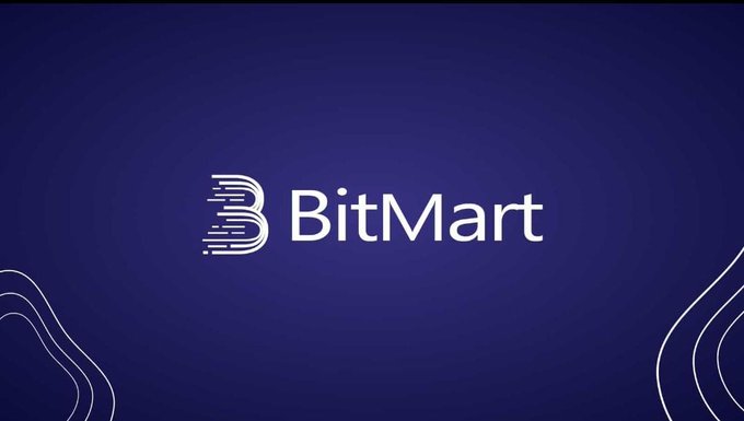The logo for BitMart, a cryptocurrency exchange, displayed in white text on a dark blue background with decorative line patterns.