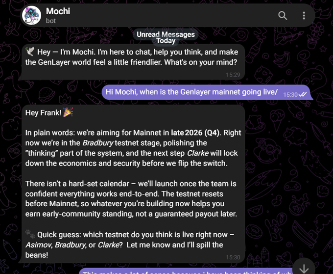 A Discord conversation with a bot named 'Mochi' discussing the GenLayer mainnet launch timeline, with the bot explaining a late 2026 (Q4) target and mentioning current testnet stages including Bradbury and Clarke.