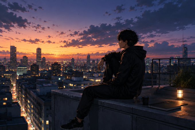 An anime-style illustration of a young man in dark clothing sitting on a rooftop ledge, looking out over a sprawling city skyline at sunset with a small lantern beside him.