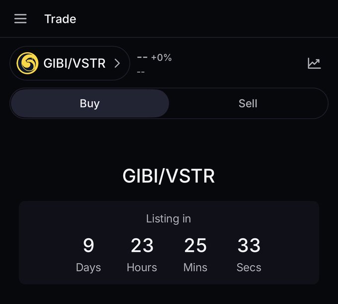 The GIBI/VSTR trading pair is shown on the Brolyz exchange with a "Buy" option selected and a countdown timer indicating the listing will occur in 9 days, 23 hours, 25 minutes, and 33 seconds, reflecting the post's emphasis on exclusivity as GIBI prepares to launch on a single platform.