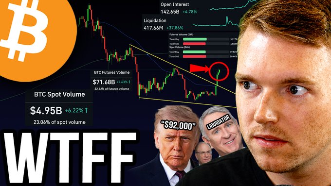 A YouTube thumbnail showing a trader gazing thoughtfully alongside Donald Trump ($92,000 target shown), Jerome Powell, and the Winklevoss twins, with a Bitcoin candlestick chart highlighting a 7.63% daily surge, $1.68B BTC futures volume (+6.31%), and a massive $417.66M liquidation event (+37.86%) labeled "WTFFF," promoting a video about a Black Friday market open liquidation trap.