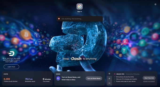 Screenshot of the Brave browser homepage featuring a translucent 'D' logo, search bar, cryptocurrency swap promotion for Dash, and stats showing 6,299 trackers blocked and 76.2 MB bandwidth saved.