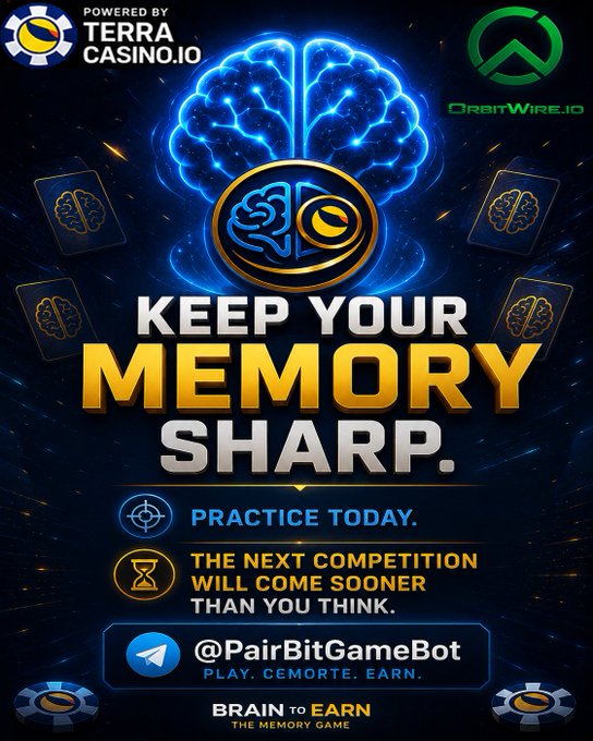 A promotional graphic for "PairBitGameBot" by Terra Casino.io and OrbitWire.io featuring a glowing brain and the text "KEEP YOUR MEMORY SHARP. PRACTICE TODAY. THE NEXT COMPETITION WILL COME SOONER THAN YOU THINK" with a "BRAIN to EARN" memory game tagline. The image ties into the $LUNC post by advertising a brain-training crypto game on the Terra blockchain, likely appealing to the LUNC community's interest in Terra ecosystem projects and play-to-earn opportunities.
